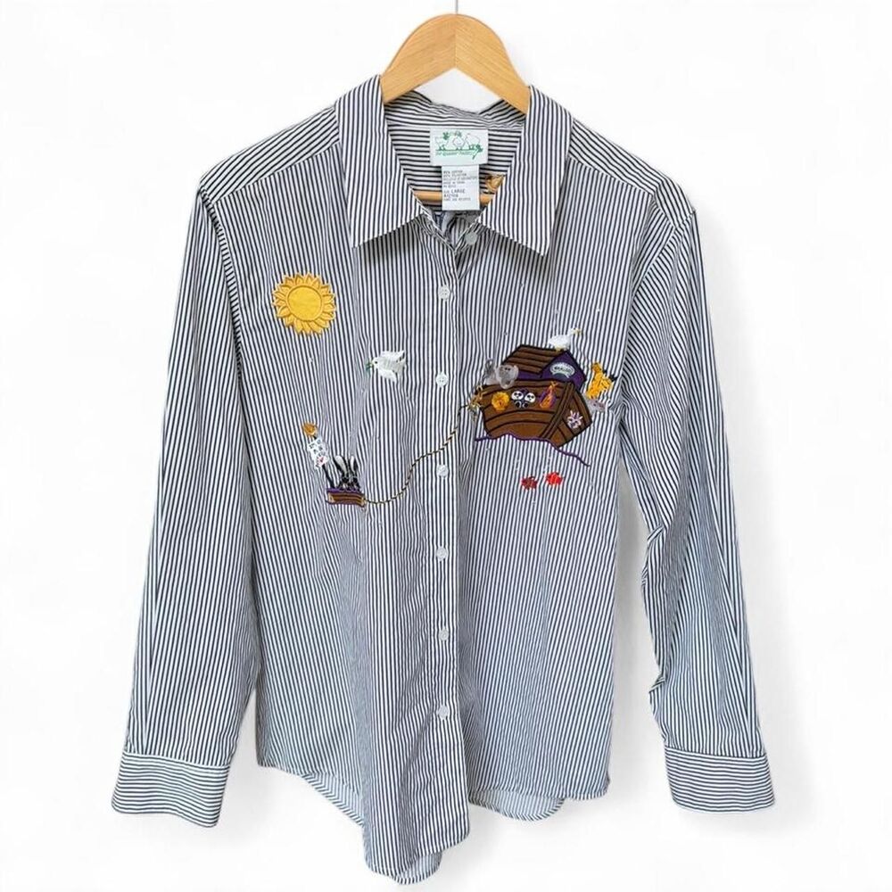 Vintage Quacker Factory Noah's Ark Embroidered Striped Button Down Shirt size L